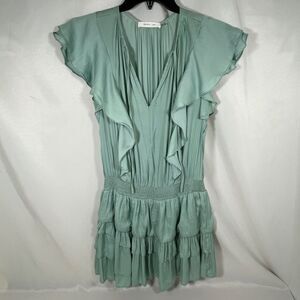 Mustard Seed Sage Green Ruffle Mini Dress Smocked Waist V-Neck Boho Size M